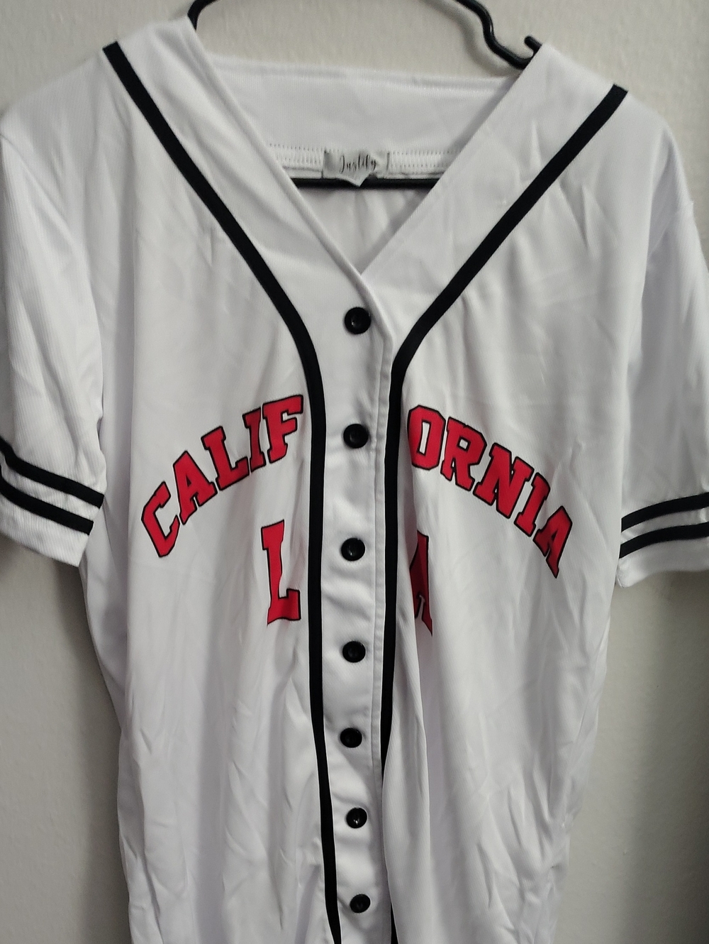 Justify White Baseball Jersey with Red and Black Trim